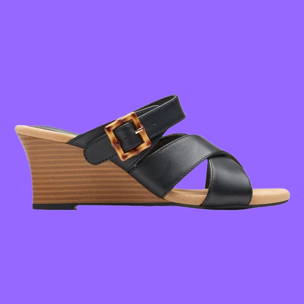 Clarks Womens Kyarra Judi Leather Slip On Wedge Sandals Black New Size 9W Wide